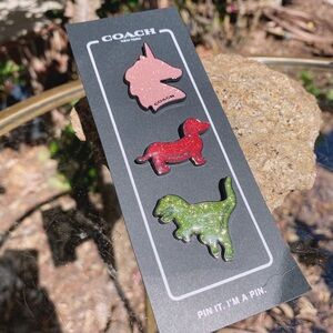 NWOT Coach Metal Glitter Pin Set - Rexy, Unicorn, Dog